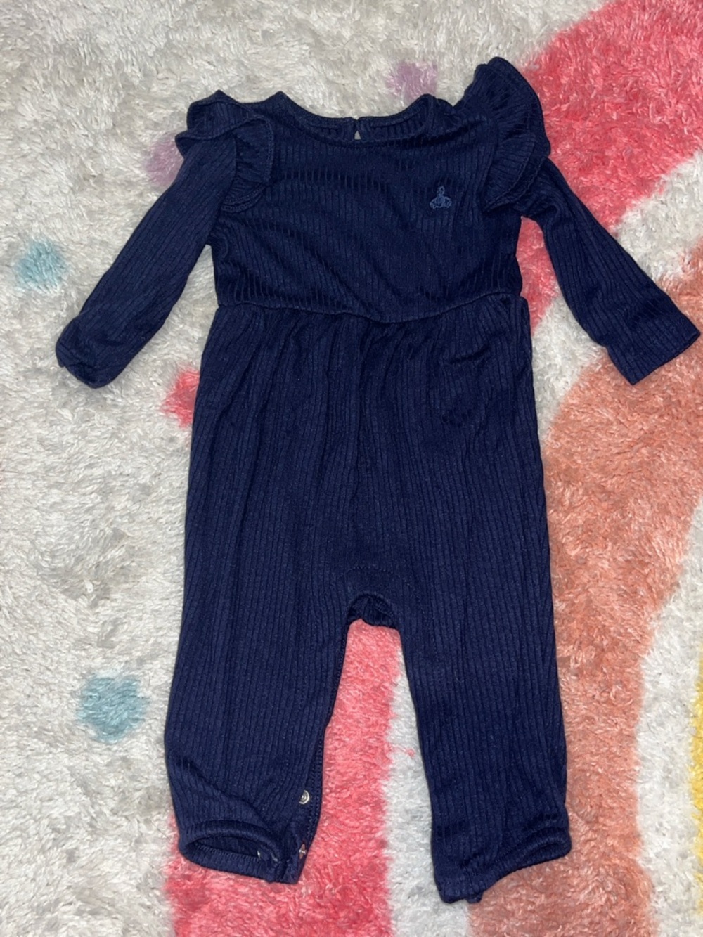 GAP Navy Ribbed Long-Sleeve Baby Romper with Ruffle Shoulders